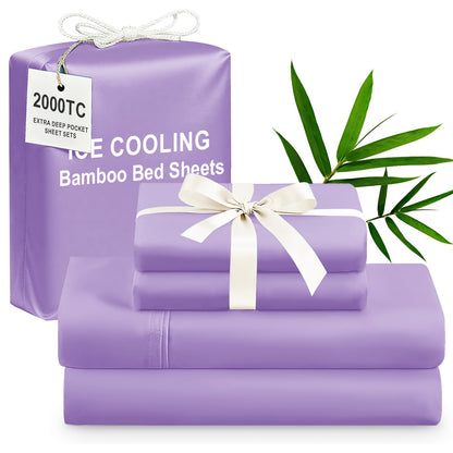 Bamboo Cooling Bed Sheets 4 Piece Set – Extra Deep Pocket Fitted Sheet, Flat Sheet & Pillowcases for Hot Sleepers | Breathable Soft Bedding | Twin Full Queen King | 12 Colors