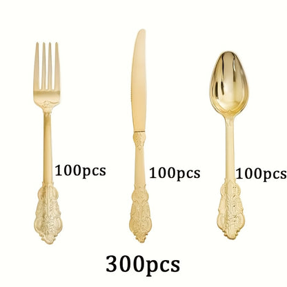 Gold Silver Disposable Cutlery Set 300pcs Serves 100 Guests – Retro Heavyweight Warp-Resistant Fancy Plastic Silverware for Parties Weddings Christmas New Year Valentine's Day Holiday Gatherings