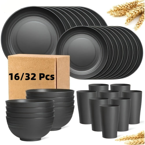 Wheat Straw Dish Set for 4 or 8 – 16 or 32 Piece Unbreakable Dinnerware Set with Dinner Plate, Dessert Plate, Cereal Bowl & Cup, Dishwasher Safe Lightweight Tableware for Camping, Everyday Use & Gifts