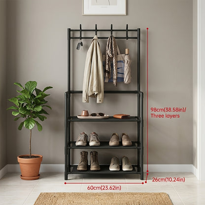Shoe Rack Organizer with 8 Hooks Multi-Layer - Free Standing Shoe Storage Shelf for Entryway, Closet & Bedroom, Space-Saving Vertical Shoe Tower with Hat & Coat Hooks, 3 or 5 Tier Black