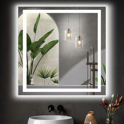 LED Bathroom Mirror Anti-Fog Wall Mounted - Dimmable Lighted Vanity Mirror with 3 Color Lighting Modes & Dual Light Source, Touch Sensor Backlit Makeup Mirror, Horizontal Vertical, Multiple Sizes