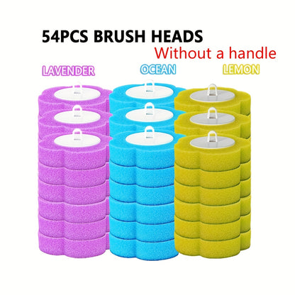 Disposable Toilet Brush Head Refills 54 Pack – Replacement Heads for Toilet Bowl Cleaning Brush, No Dead Corner Bathroom Scrubber, Hygienic Single-Use Pads, Optional Handle, Yellow Purple Blue