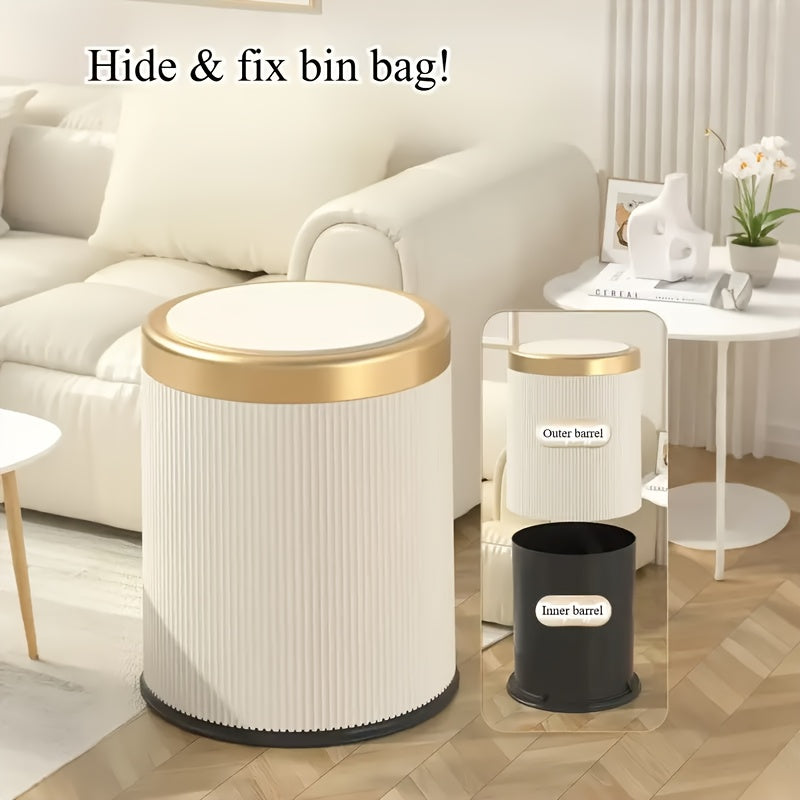 Oval Push Lid Trash Can 3.17gal 4.23gal Luxury Large Capacity Dual Inner Buckets Odor Sealing Modern Garbage Bin for Kitchen Bedroom Bathroom Living Room
