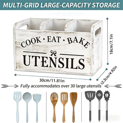 Wooden Utensil Organizer 3-Compartment Rustic Kitchen Caddy, Extra Large Countertop & Wall-Mounted Utensil Holder for Cooking Tools, Heavy-Duty Natural Wood Kitchen Storage Rack