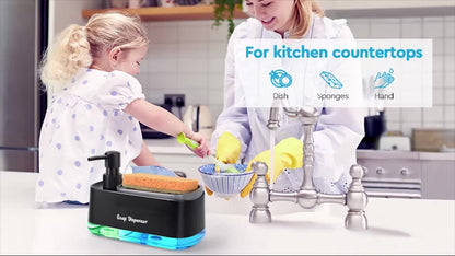 Soap Dispenser with Built-In Sponge Holder, Leak-Proof Battery-Free Pump, Space-Saving Countertop Organizer for Kitchen & Bathroom, Hygienic Hands-Free Design, Durable Rectangular Dispenser