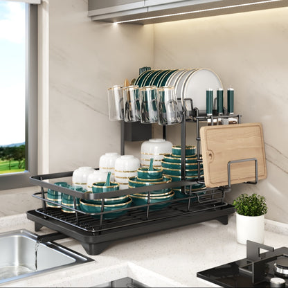 2-Tier Dish Drying Rack Metal with Cutlery Holder, Cup Holder & Rust-Proof Drip Tray – Space Saving Countertop Dish Rack for Kitchen Organization, Black & Dark Gray