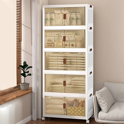 Stackable Storage Locker with Doors and Wheels - Collapsible Plastic Cabinet 1-5 Layers Large Capacity Home Organization for Bedroom Living Room Kitchen