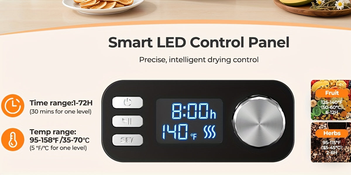 Food Dehydrator Machine 5-Tray with Adjustable Temperature & 72H Timer – 240W Electric Dryer for Jerky, Fruit, Herbs, Dog Treats & Snacks, LED Display + Recipe Book