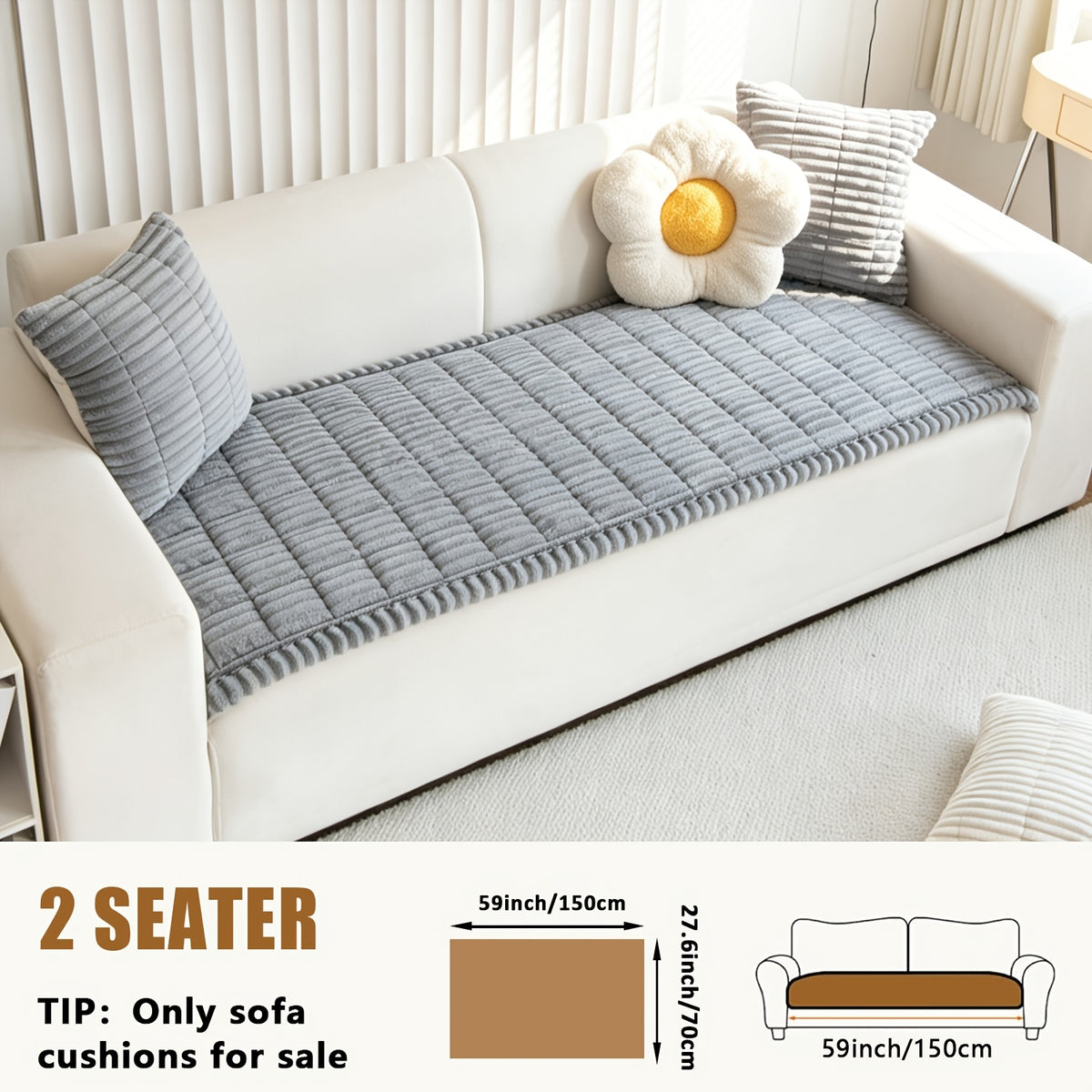 Sofa Cover Plush Velvet - Washable Stretch Couch Cover with Wavy Edge, Soft Shu Velveteen Sofa Protector for 1 2 3 4 Seater, Easy Install Furniture Cover in White Khaki Gray