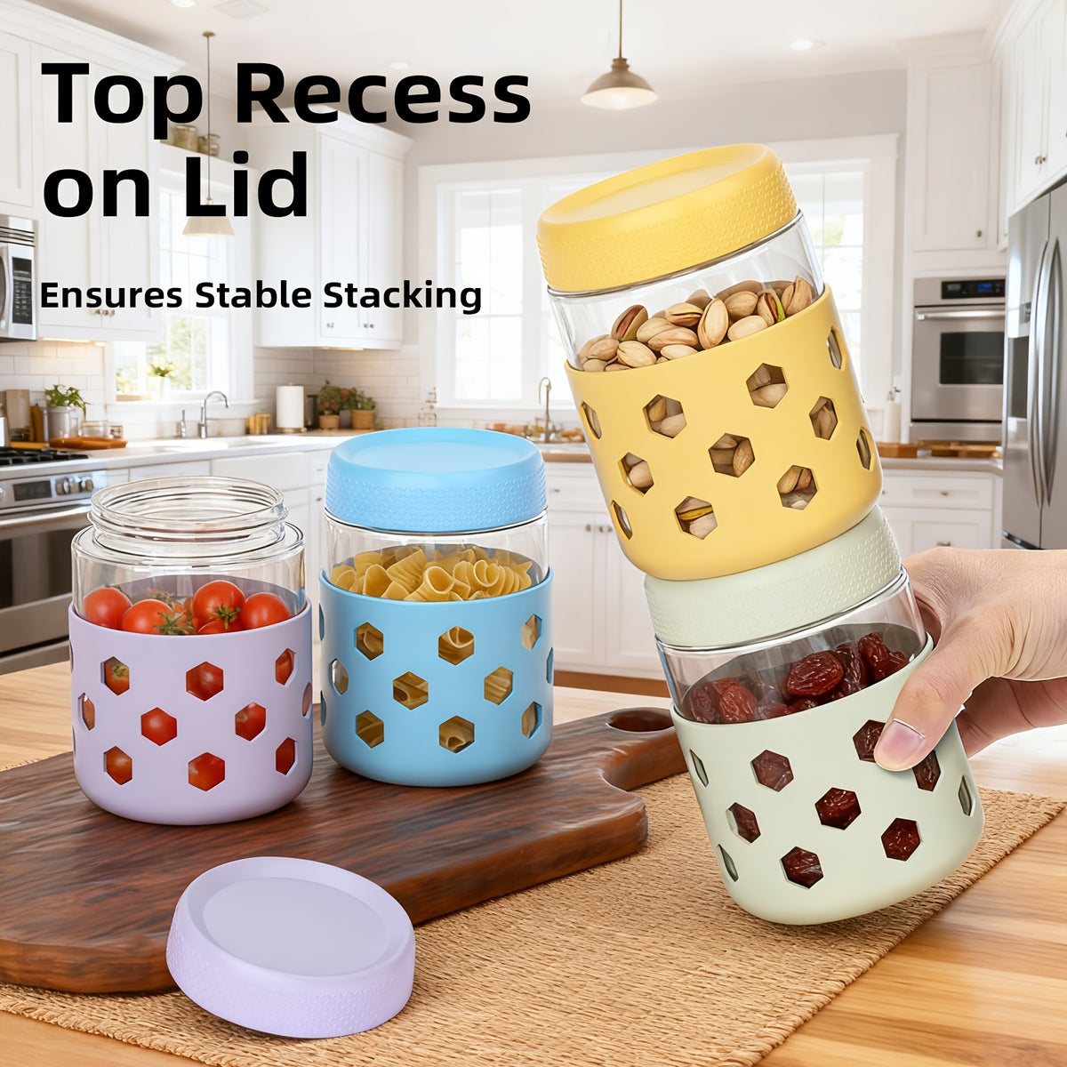 Airtight Glass Food Storage Jars with Silicone Sleeves 6 Pack – 16oz Moisture-Proof Pantry Canisters for Tea Grains Nuts Snacks & Yogurt, Leak-Proof Kitchen Organization Containers with Lids