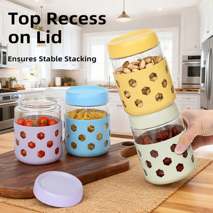 Airtight Glass Food Storage Jars with Silicone Sleeves 6 Pack – 16oz Moisture-Proof Pantry Canisters for Tea Grains Nuts Snacks & Yogurt, Leak-Proof Kitchen Organization Containers with Lids