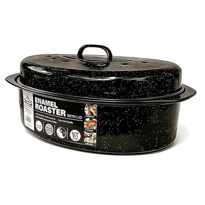 Granite Enamel Roasting Pan with Lid, Nonstick Carbon Steel Turkey Roaster for Oven, Large Bakeware for Chicken Roasting Soup Stew, Available in 13 and 16 Inch in Red Black and Blue