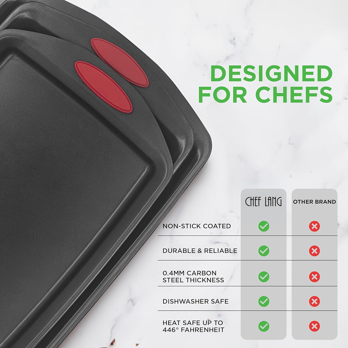 Nonstick Baking Pan Set – 3 or 4 Piece Commercial Grade Steel Oven Pans with Red Silicone Handles, Large Medium & Small Sizes, Easy Clean, Restaurant Quality