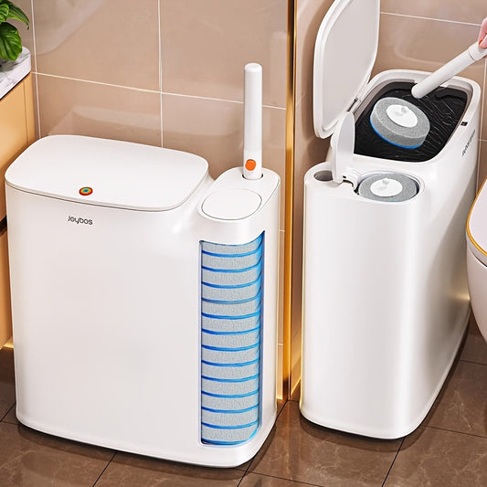 Toilet Brush with Trash Can 2-in-1 Bathroom Set - Slim 7.7L Waste Bin with Disposable Brush Heads, Space Saving Narrow Bathroom Trash Can with Lid for Small Bathroom RV Apartment