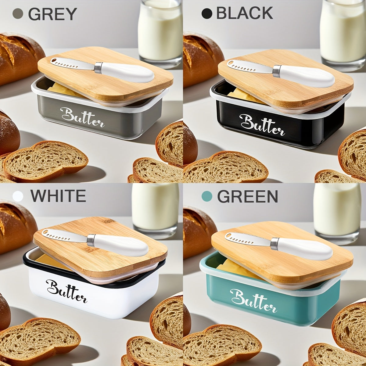 Butter Dish with Bamboo Lid and Knife – Airtight Iron Butter Keeper & Cheese Storage Box, Large Capacity, Elegant Holiday Serving Dish for Kitchen Table, Mother's Day & Christmas Gift, Black/Grey/Green