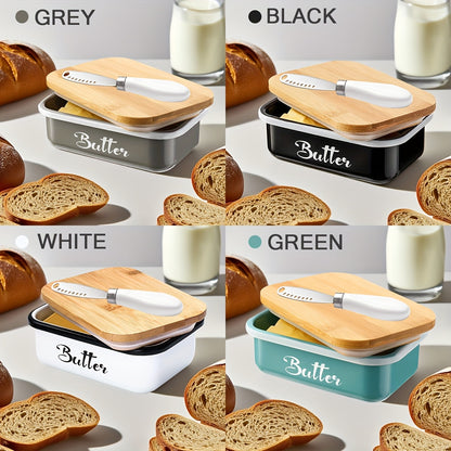 Butter Dish with Bamboo Lid and Knife – Airtight Iron Butter Keeper & Cheese Storage Box, Large Capacity, Elegant Holiday Serving Dish for Kitchen Table, Mother's Day & Christmas Gift, Black/Grey/Green