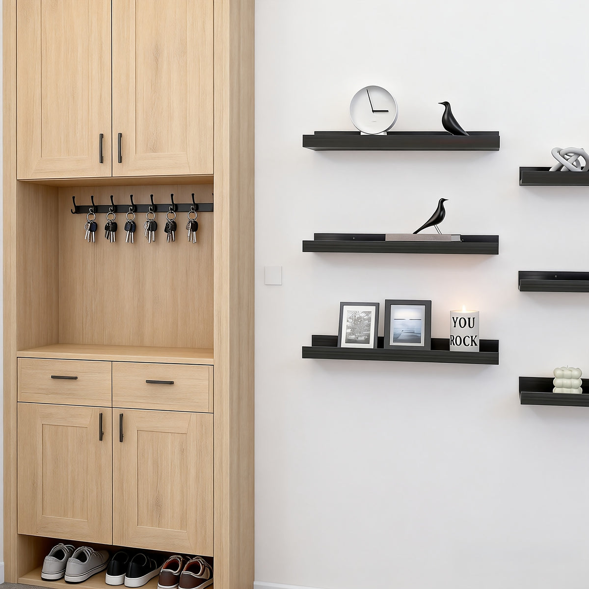 Rustic Wood Floating Shelves Wall Mounted Set 4 or 6 Pcs, Carbonized Black & White Shelf for Bathroom Bedroom Living Room Kitchen Office Plants Decor, Multi-Size Heavy Duty Wall Shelf Storage