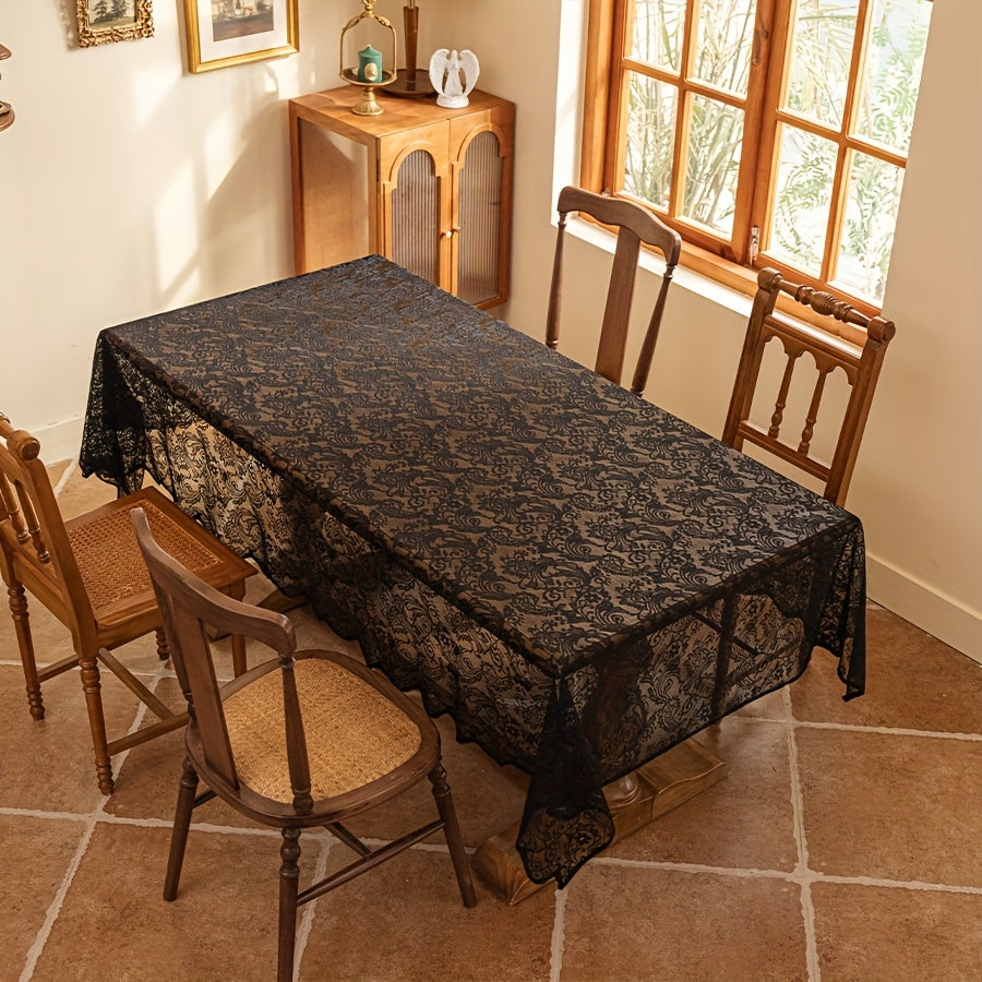 Lace Tablecloth Rectangular Floral Embroidered Wedding Dinner Table Cover - White & Black, Multiple Sizes, Polyester Machine-Made Holiday Home Decor