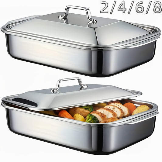 Stainless Steel Baking Pans with Lids – Extra Large Non-Stick Rectangular Oven Trays for BBQ Buffet Catering, Heavy Duty Roasting Pan Set with Grill Ridges & Handles, 2 4 6 8 Pcs
