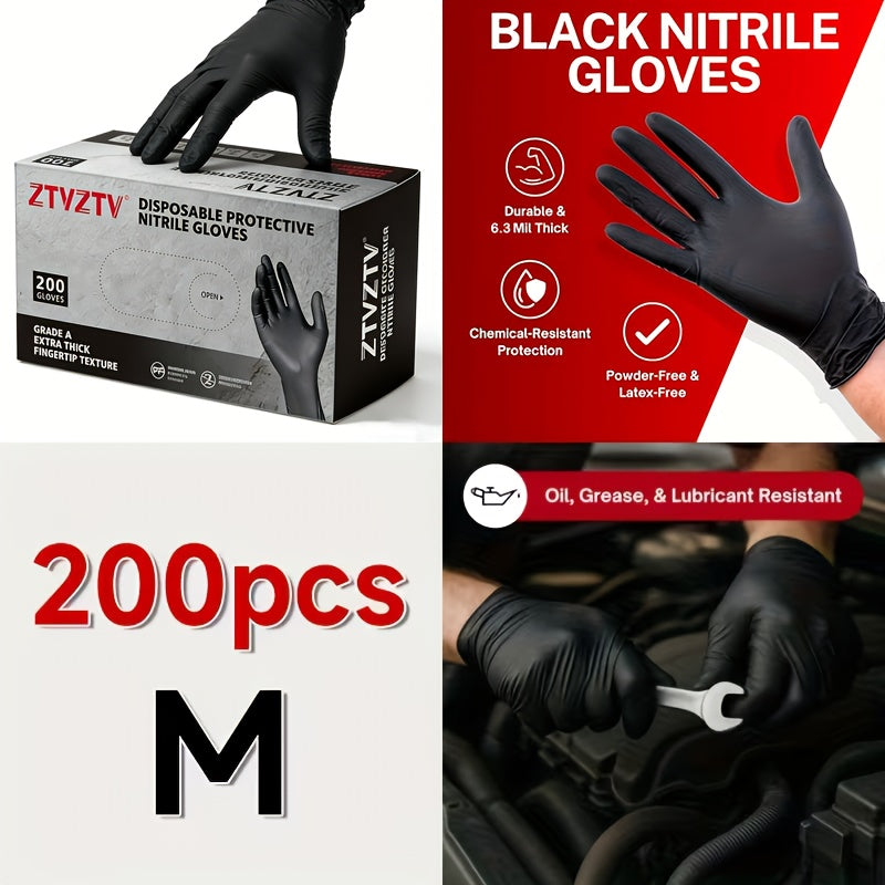 Black Nitrile Disposable Gloves 200 Pack – High-Density Latex-Free Chemical Resistant Gloves for Cleaning Tattooing Painting Car Washing, Industrial Grade Flexible Fit, S M L XL