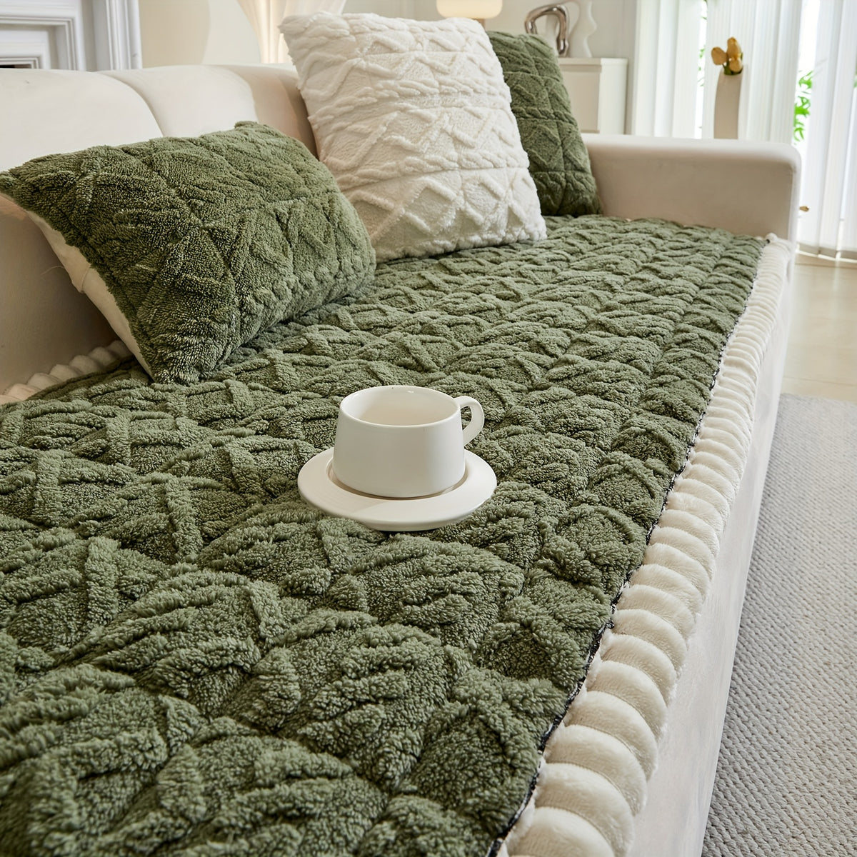 Bohemian Sofa Cover Quilted Plush with Ruffles – Machine Washable Couch Protector for Pets, Anti-Slip Furniture Cover for Armchair Loveseat 3 4 Seater Sofa