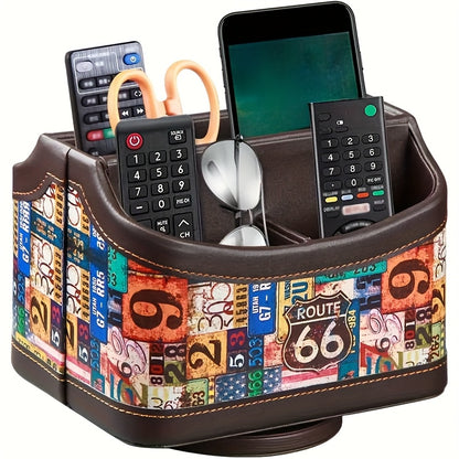 360° Swivel Remote Control Holder 5 Compartments PU Leather Desktop Organizer Caddy - Multifunctional Storage Box for TV Remotes Phones Glasses Cosmetics Stationery - Home Office Decor