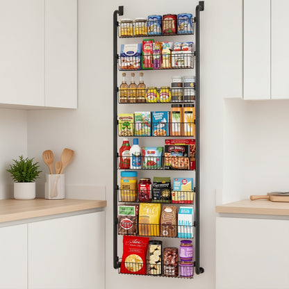 Door Mounted Spice Rack Organizer 6-Tier Metal Pantry Door Shelf for Kitchen, Bathroom, Laundry Room & Pantry – Non-Scratch Wall Storage Basket in Black or White