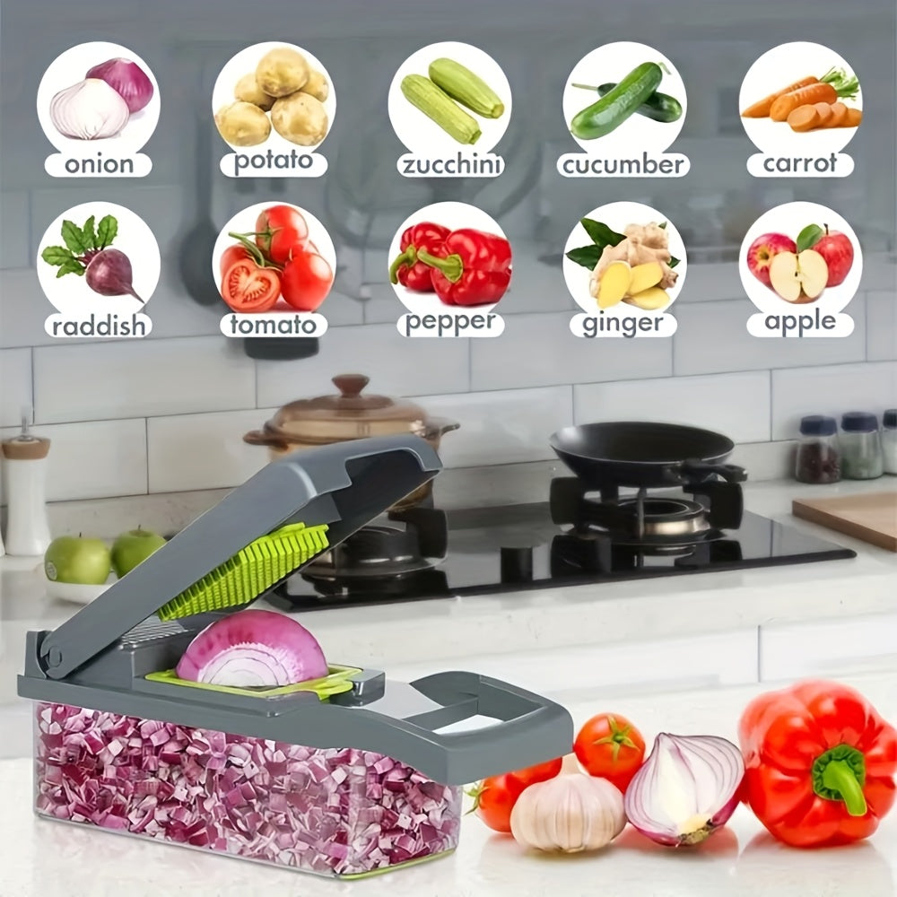 Vegetable Chopper 16-in-1 Manual Food Chopper Set with 8 Stainless Steel Blades, 304 BPA-Free Container, Peeler & Filter – Onion Dicer, Garlic Mincer, Carrot Slicer, Kitchen Meal Prep Tool