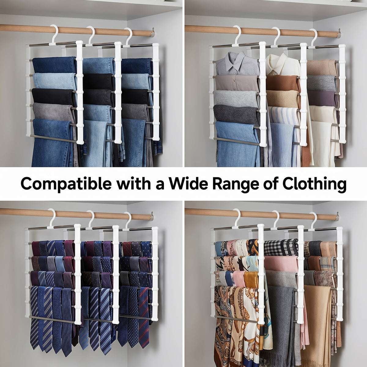 Multi-Layer Pants Hanger Space Saving Closet Organizer – Stainless Steel Non-Slip Stackable Hanger for Pants, Jeans, Trousers, Scarves & Ties – 3 or 7 Pack Wardrobe Storage