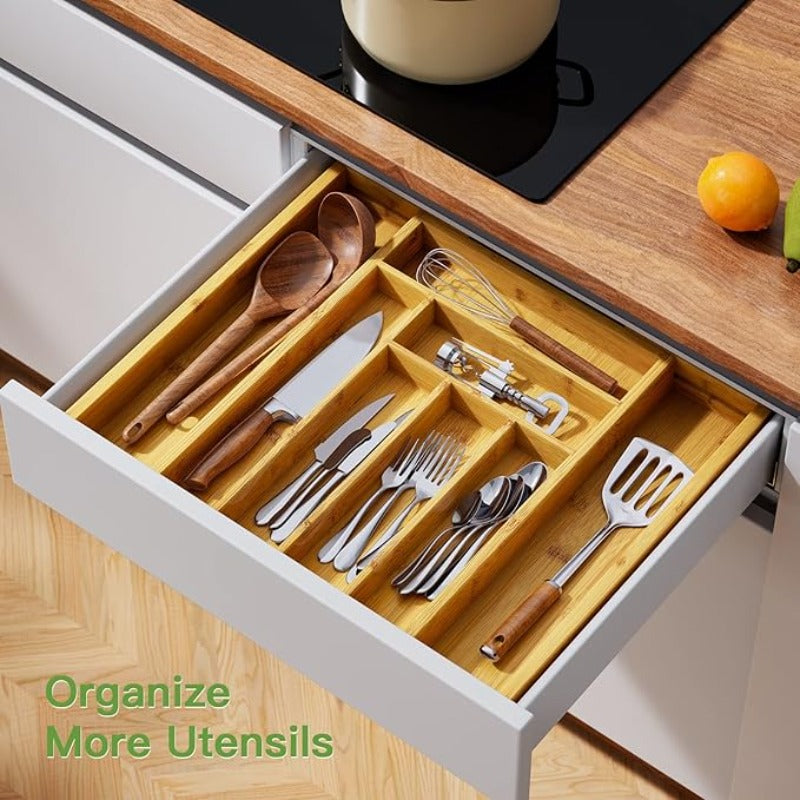 Expandable Bamboo Drawer Organizer 9-Compartment Adjustable Silverware Tray Cutlery Utensil Holder for Kitchen Bedroom Office Home Storage