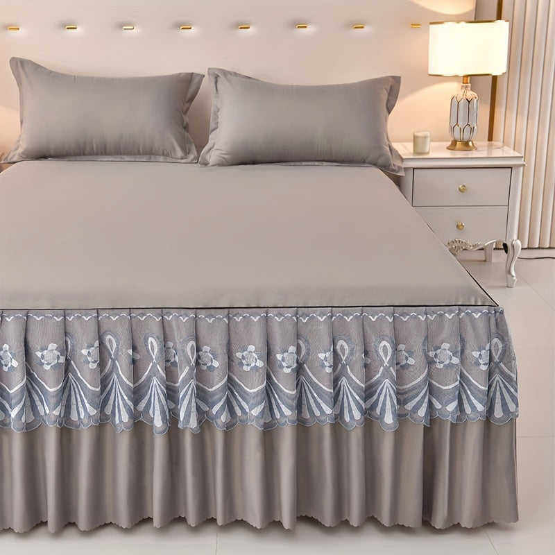 Macrame Bed Skirt Set 3 Piece with Pillowcases – Double Layer Lace Non-Slip Bedding for Twin Full Queen King, All Seasons, Red Grey Navy Purple