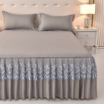 Macrame Bed Skirt Set 3 Piece with Pillowcases – Double Layer Lace Non-Slip Bedding for Twin Full Queen King, All Seasons, Red Grey Navy Purple