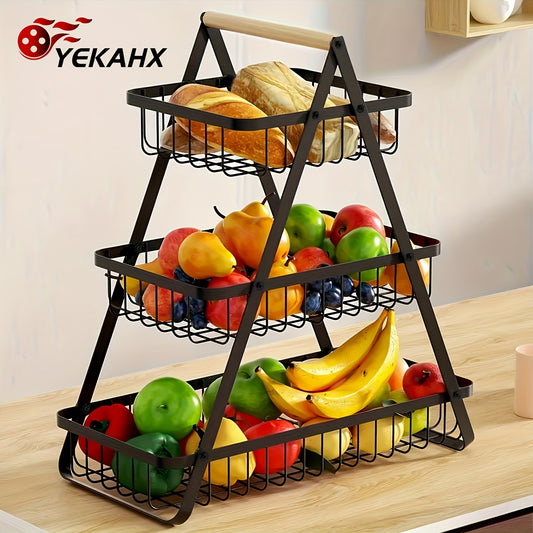Metal Wire Fruit Basket 2 or 3 Tier with Detachable Wooden Handle – Heavy Duty Countertop Storage Rack for Kitchen Pantry Dining Table, Space-Saving Organizer for Fruits Vegetables Bread Snacks