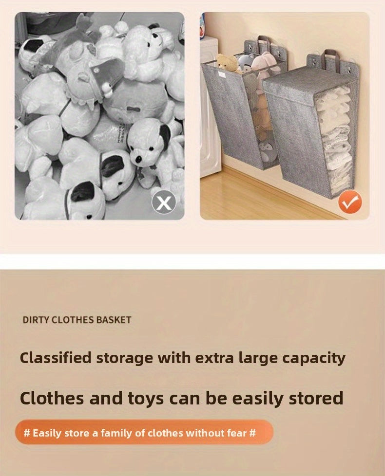 Foldable Wall Mounted Laundry Hamper Oxford Cloth with Lid Space Saving Collapsible Clothes Storage Basket Bedroom Bathroom Living Room Large 22x15 Inch Gray