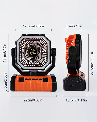 20000mAh Camping Fan with Built-In LED Light – USB Rechargeable Portable Outdoor Cooling Fan, Rugged Sturdy Handle for Tent Hiking Fishing, Compact Design, Green & Orange