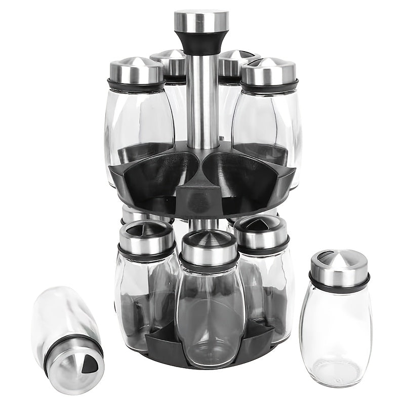 Glass Spice Jar Set with Rotating Stainless Steel Rack – 6 or 12 Piece Food Grade Glass Spice Bottles with 360° Spinning Rack for Kitchen Counter & Cabinet, Pantry Organization
