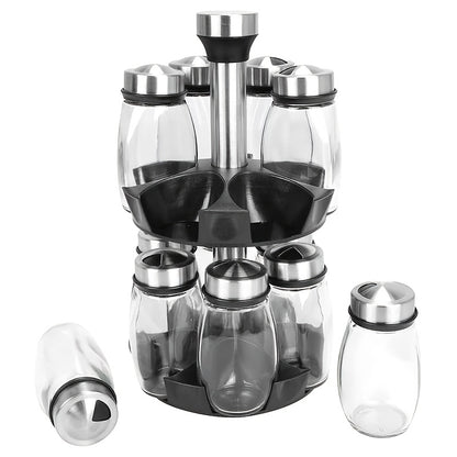 Glass Spice Jar Set with Rotating Stainless Steel Rack – 6 or 12 Piece Food Grade Glass Spice Bottles with 360° Spinning Rack for Kitchen Counter & Cabinet, Pantry Organization
