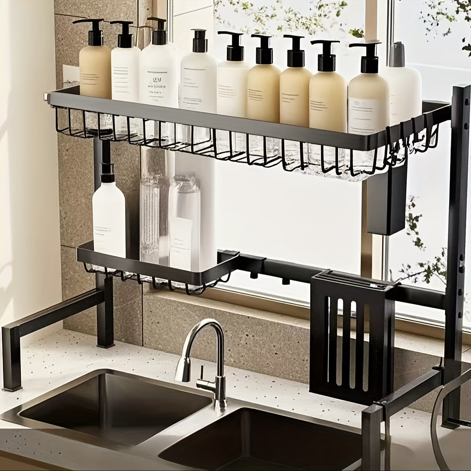 Over Sink Dish Drying Rack 2 Tier Expandable - 304 Stainless Steel Kitchen Dish Rack with Drainage Tray Utensil Holder Knife Holder Cutting Board Holder, Adjustable 30-34 Inch Black