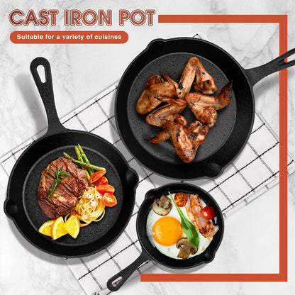 Cast Iron Skillet Set 3 Piece Pre-Seasoned – Non-Stick Heavy Duty Frying Pan with Drip Spout, Teflon-Free Natural Seasoning, Induction Gas Oven Campfire Safe, Perfect for Home RV Camping Holiday Cooking