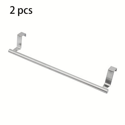 Cabinet Door Towel Bar 2 Pack Stainless Steel Over the Door Hand Towel Hanger – No Drill Dishcloth Rack for Kitchen Bathroom Cupboard Cabinet – Black Silver Towel Holder