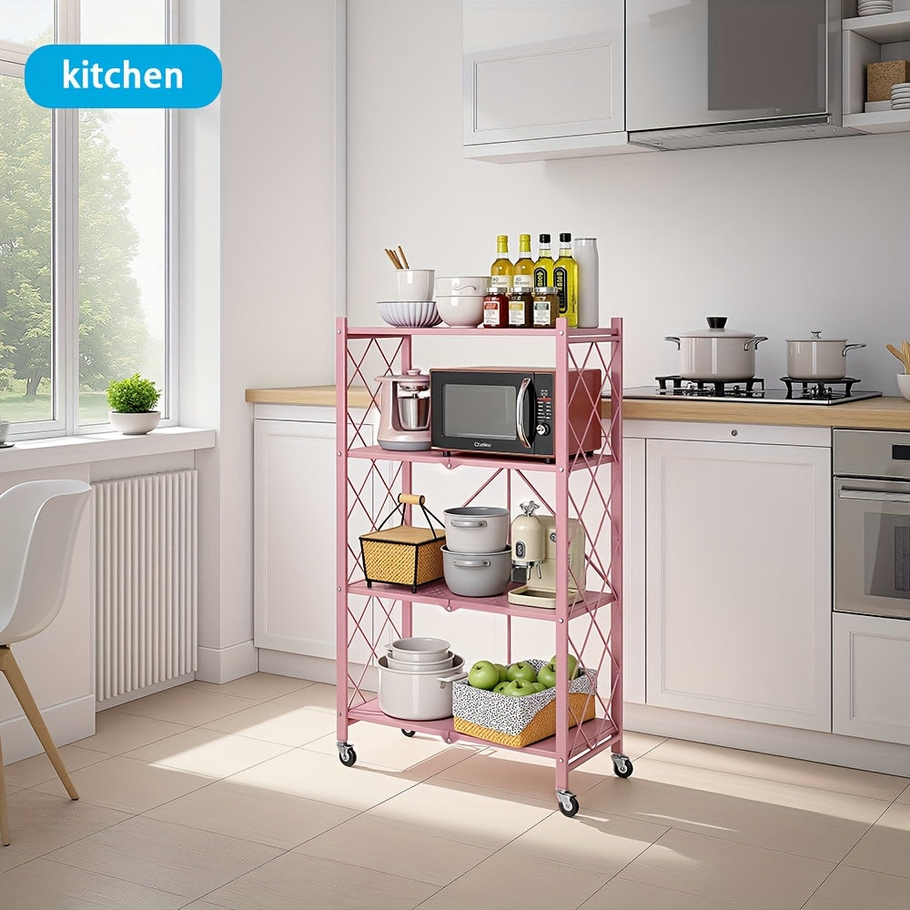 Portable Storage Rack with Lockable Wheels, 3 or 4 Tier Foldable Shelving Unit, Carbon Steel Floor Standing Shelf for Bedroom Bathroom Balcony Garden, No Assembly Required, Space Saving Rolling Organizer