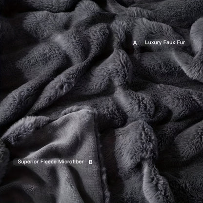 Faux Rabbit Fleece Blanket, Double Layer Thickened Soft Warm Throw – All Season Reversible Blanket for Adults, Couch, Bed & Travel, Machine Washable, Throw / Twin XL / Queen / King, Grey Khaki Beige