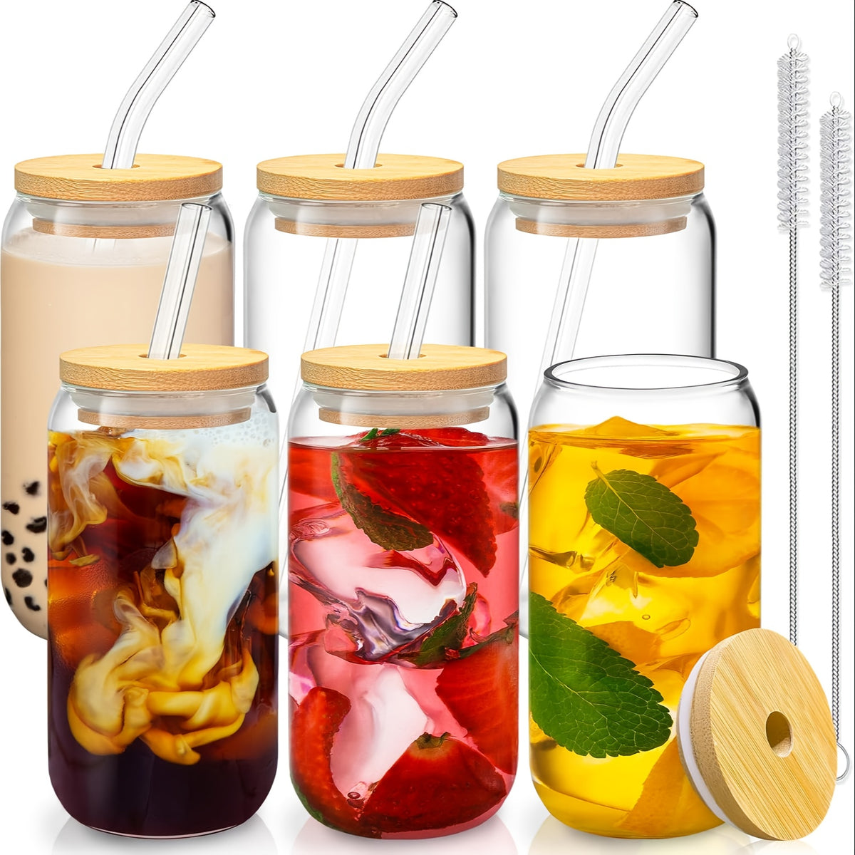 Can Shaped Glass Cup Set with Lid & Straw 4/6pcs – 18.6oz 550ml Elegant Drinking Glasses for Smoothies, Juice, Iced Coffee & Any Beverage, Includes Straw Brush, Perfect Gift