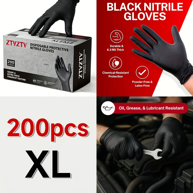 Black Nitrile Disposable Gloves 200 Pack – High-Density Latex-Free Chemical Resistant Gloves for Cleaning Tattooing Painting Car Washing, Industrial Grade Flexible Fit, S M L XL