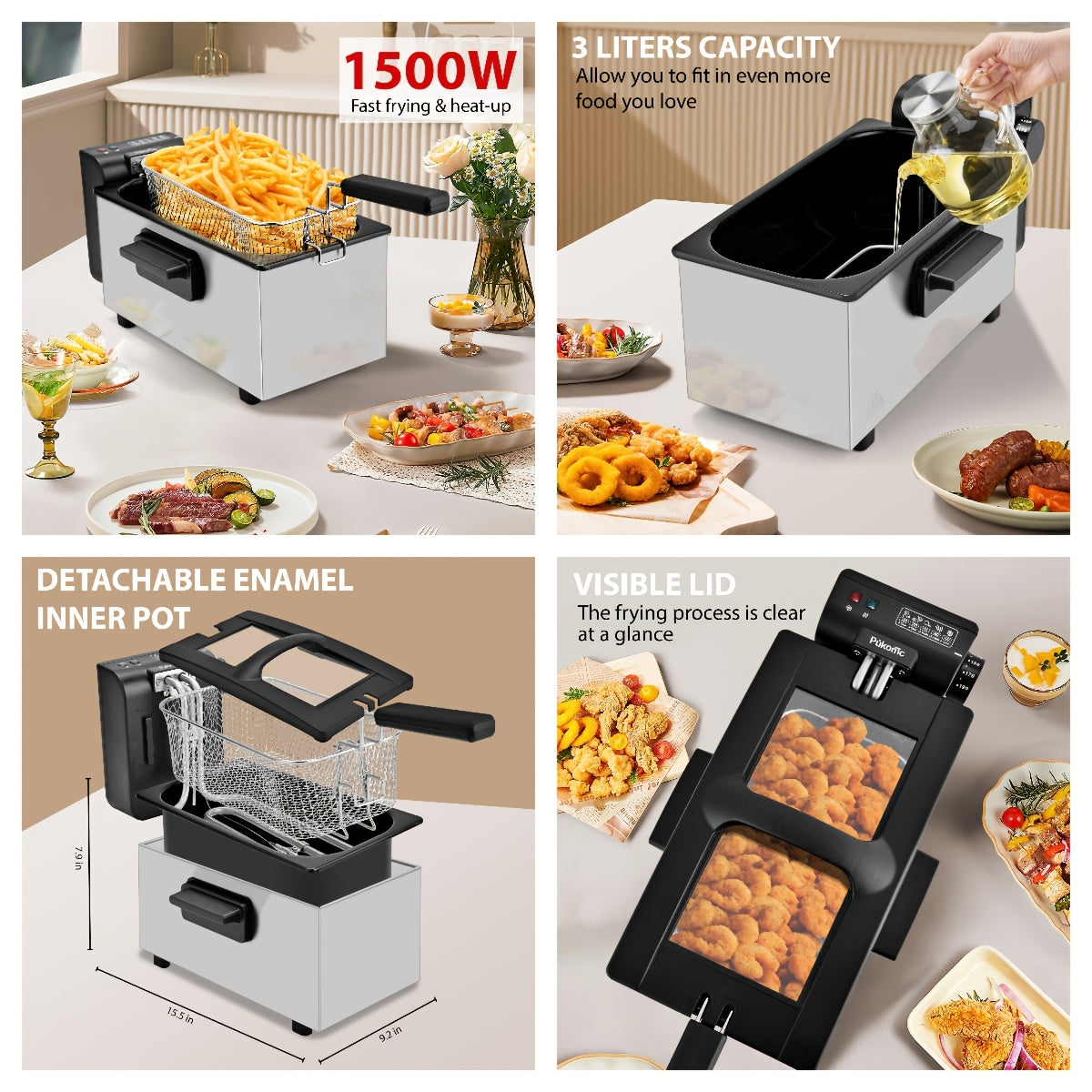 Home Deep Fryer with Basket Stainless Steel – 1.5L 2.5L 3L 6L Oil Fryer Adjustable Temperature 266–374°F Viewing Window Lid Cool-Touch Handle Easy Clean Kitchen Cooking Appliance