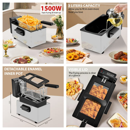 Home Deep Fryer with Basket Stainless Steel – 1.5L 2.5L 3L 6L Oil Fryer Adjustable Temperature 266–374°F Viewing Window Lid Cool-Touch Handle Easy Clean Kitchen Cooking Appliance