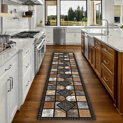 Crystal Velvet Kitchen Mat Non-Slip – Luxury Marble Pattern Machine Washable Polyester Rug for Kitchen Bathroom Bedroom Corridor, White Beige Brown, Multiple Sizes