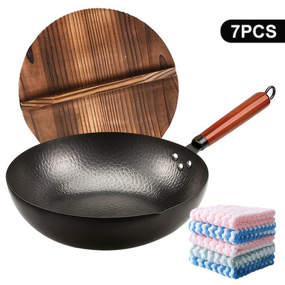 Carbon Steel Wok Set with Lid 12.6 Inch - 14-Piece Non-Stick Stir Fry Pan for All Stoves, Detachable Handle, Honeycomb Surface, Wok Spatula & Kitchen Utensils Included