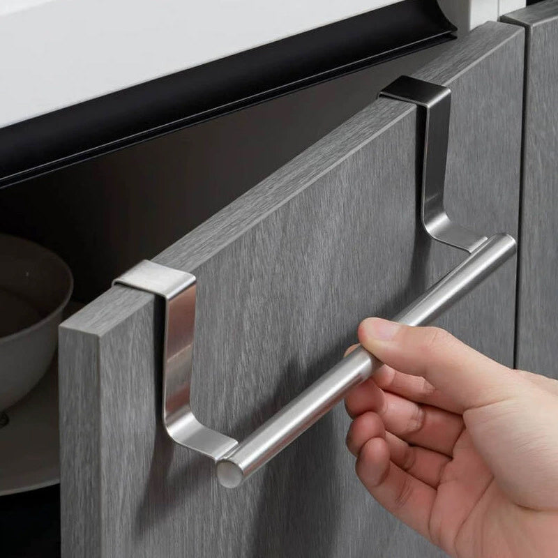 Cabinet Door Towel Bar 2 Pack Stainless Steel Over the Door Hand Towel Hanger – No Drill Dishcloth Rack for Kitchen Bathroom Cupboard Cabinet – Black Silver Towel Holder
