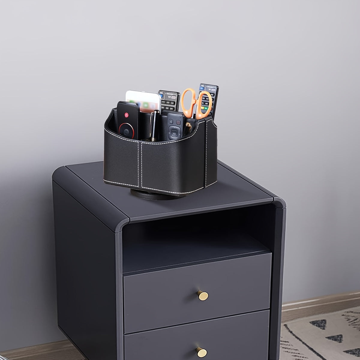 360° Swivel Remote Control Holder 5 Compartments PU Leather Desktop Organizer Caddy - Multifunctional Storage Box for TV Remotes Phones Glasses Cosmetics Stationery - Home Office Decor